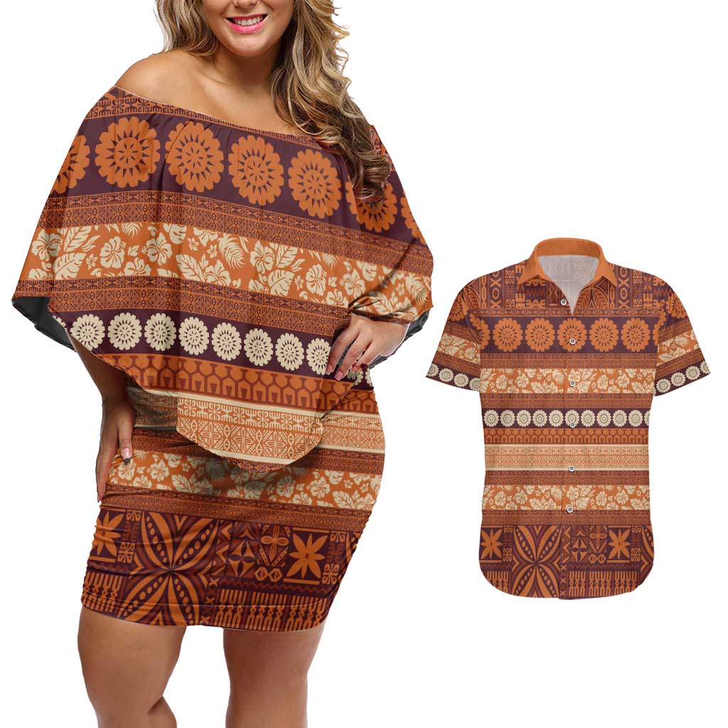 Fiji Marau na Kerisimasi Couples Matching Off Shoulder Short Dress and Hawaiian Shirt Gold Tapa Masi Inspired Christmas - Polynesian Pride