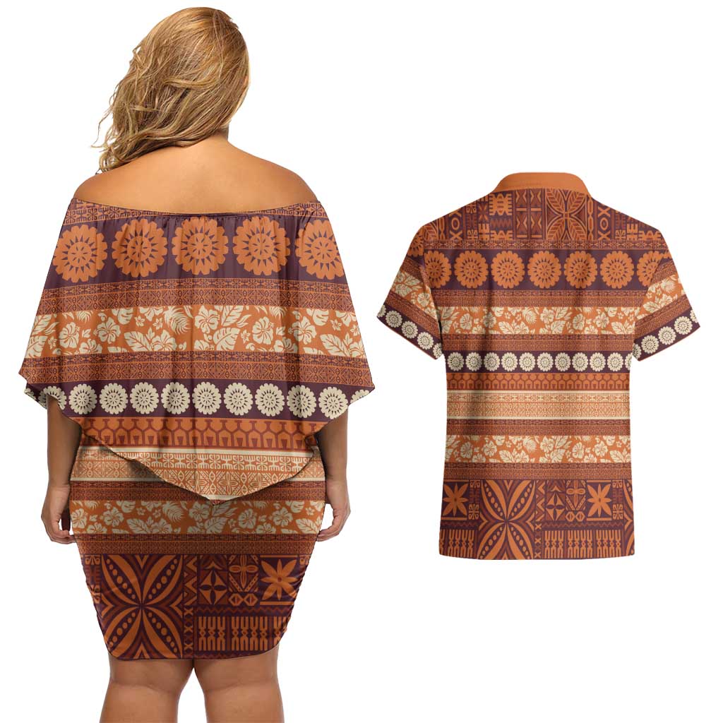 Fiji Marau na Kerisimasi Couples Matching Off Shoulder Short Dress and Hawaiian Shirt Gold Tapa Masi Inspired Christmas LT9 - Polynesian Pride