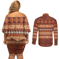 Fiji Marau na Kerisimasi Couples Matching Off Shoulder Short Dress and Long Sleeve Button Shirt Gold Tapa Masi Inspired Christmas LT9 - Polynesian Pride