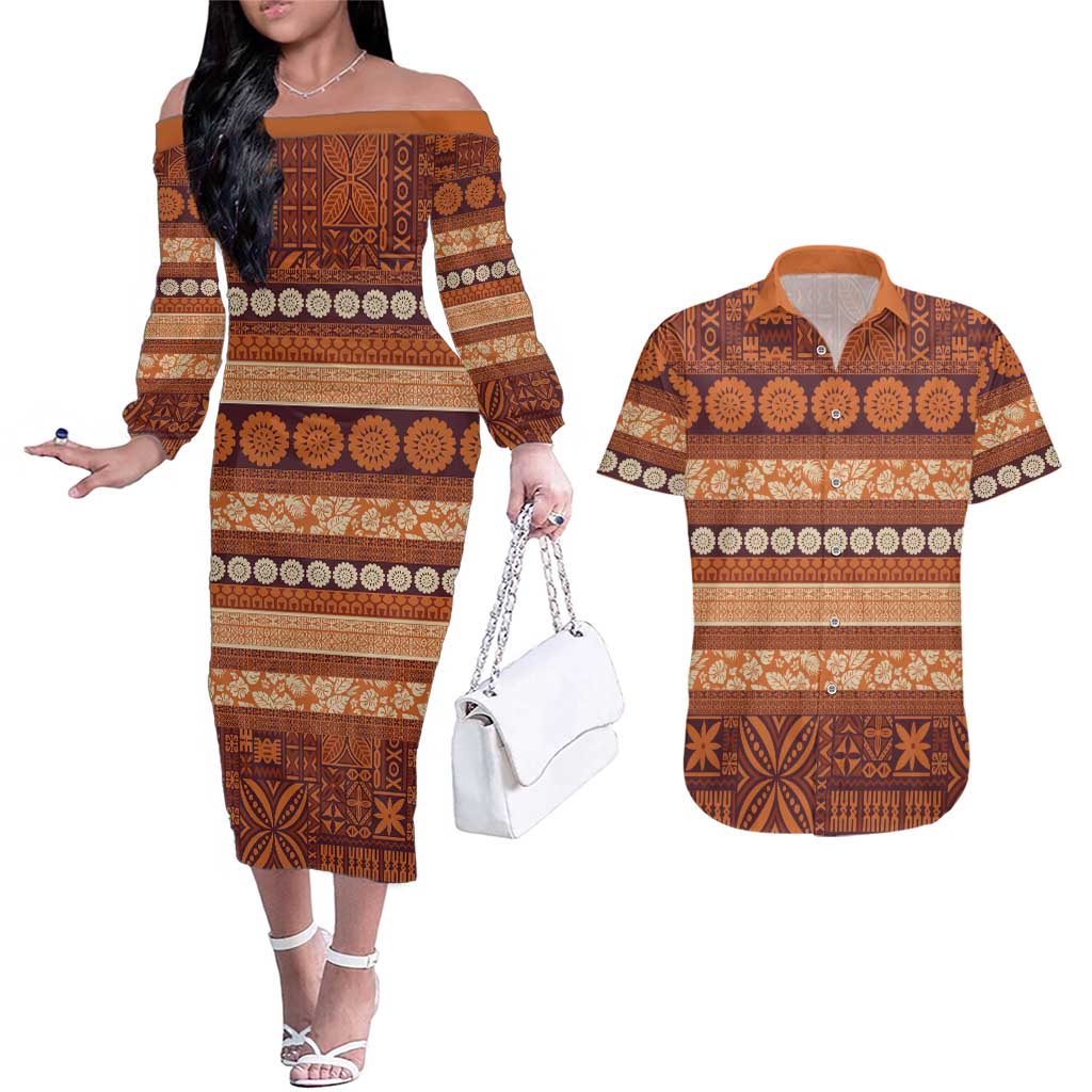 Fiji Marau na Kerisimasi Couples Matching Off The Shoulder Long Sleeve Dress and Hawaiian Shirt Gold Tapa Masi Inspired Christmas LT9 Gold - Polynesian Pride