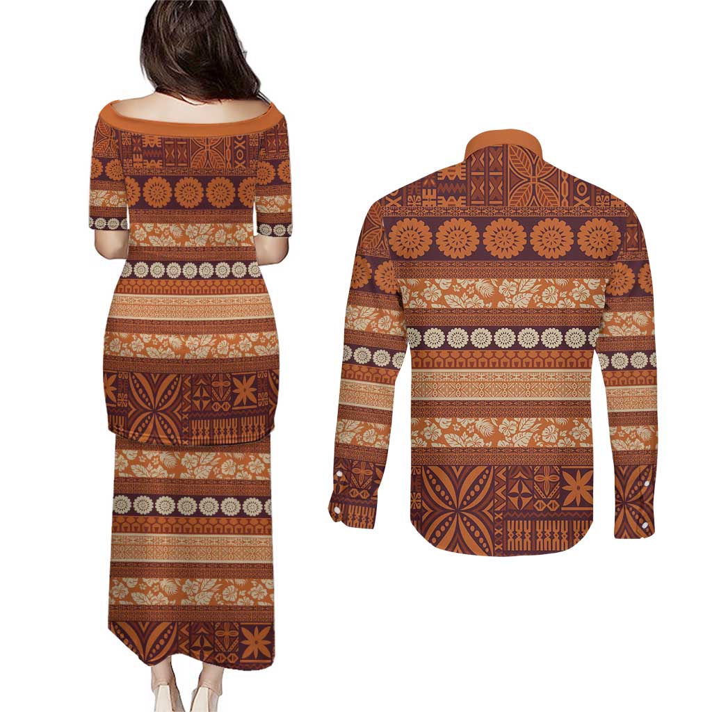 Fiji Marau na Kerisimasi Couples Matching Puletasi and Long Sleeve Button Shirt Gold Tapa Masi Inspired Christmas - Polynesian Pride