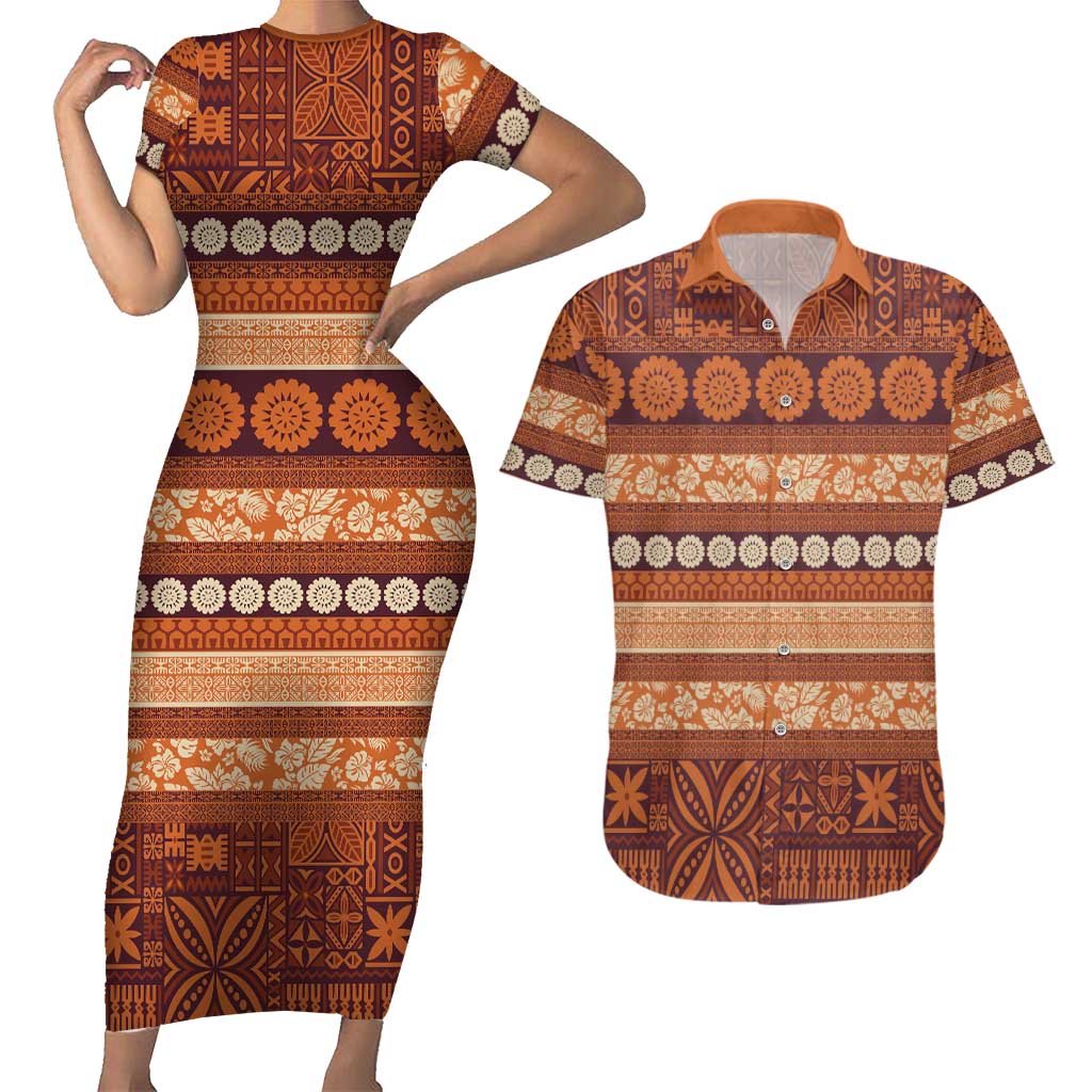 Fiji Marau na Kerisimasi Couples Matching Short Sleeve Bodycon Dress and Hawaiian Shirt Gold Tapa Masi Inspired Christmas - Polynesian Pride