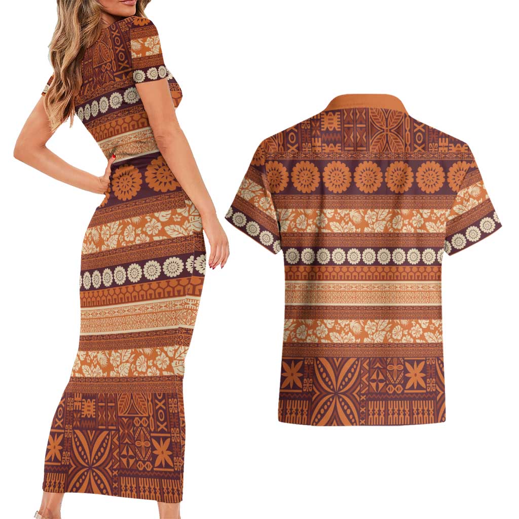 Fiji Marau na Kerisimasi Couples Matching Short Sleeve Bodycon Dress and Hawaiian Shirt Gold Tapa Masi Inspired Christmas LT9 - Polynesian Pride