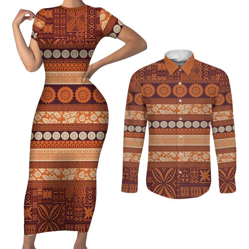 Fiji Marau na Kerisimasi Couples Matching Short Sleeve Bodycon Dress and Long Sleeve Button Shirt Gold Tapa Masi Inspired Christmas LT9 Gold - Polynesian Pride