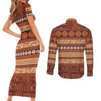 Fiji Marau na Kerisimasi Couples Matching Short Sleeve Bodycon Dress and Long Sleeve Button Shirt Gold Tapa Masi Inspired Christmas LT9 - Polynesian Pride