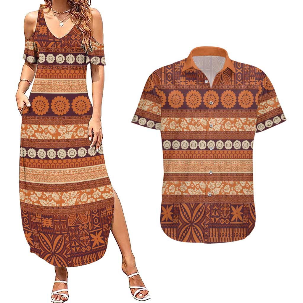 Fiji Marau na Kerisimasi Couples Matching Summer Maxi Dress and Hawaiian Shirt Gold Tapa Masi Inspired Christmas LT9 Gold - Polynesian Pride