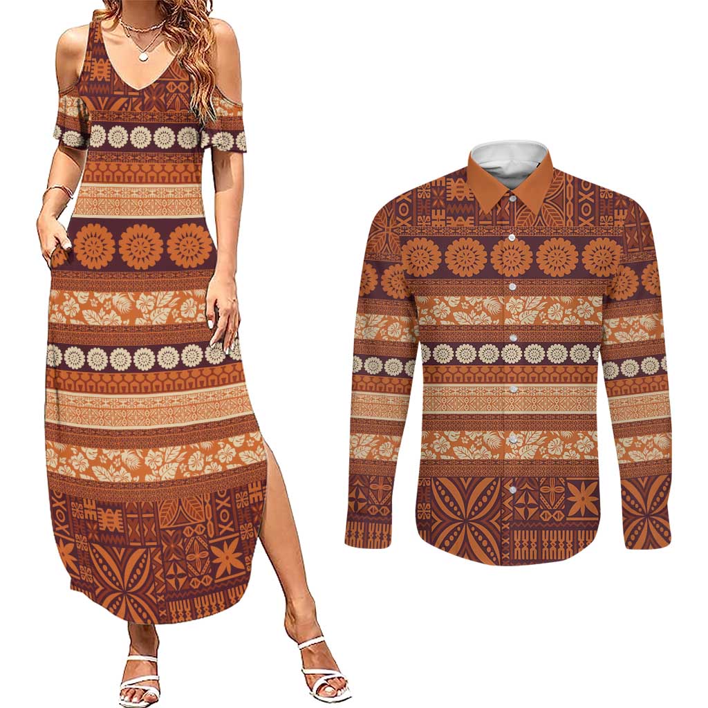 Fiji Marau na Kerisimasi Couples Matching Summer Maxi Dress and Long Sleeve Button Shirt Gold Tapa Masi Inspired Christmas - Polynesian Pride