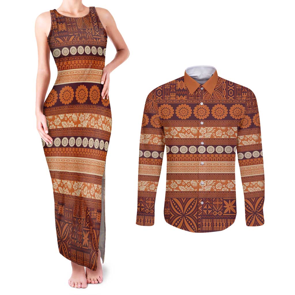 Fiji Marau na Kerisimasi Couples Matching Tank Maxi Dress and Long Sleeve Button Shirt Gold Tapa Masi Inspired Christmas LT9 Gold - Polynesian Pride