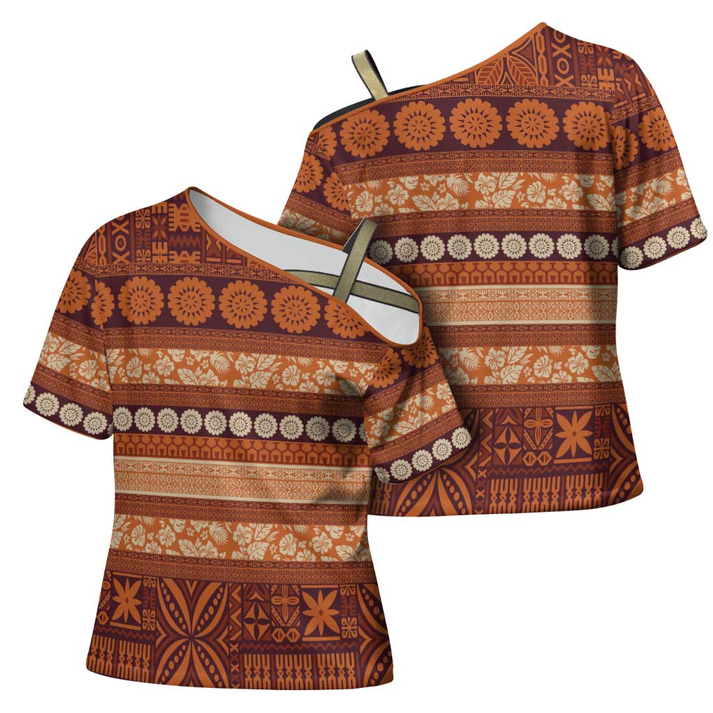 Fiji Marau na Kerisimasi Cross Shoulder Shirt Gold Tapa Masi Inspired Christmas - Polynesian Pride