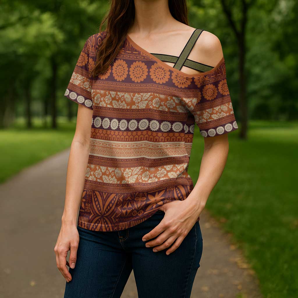 Fiji Marau na Kerisimasi Cross Shoulder Shirt Gold Tapa Masi Inspired Christmas - Polynesian Pride