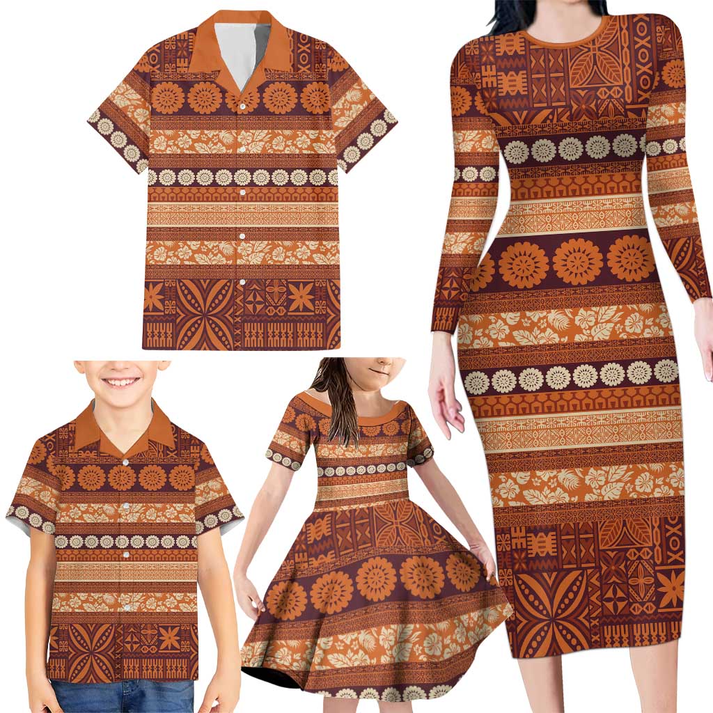 Fiji Marau na Kerisimasi Family Matching Long Sleeve Bodycon Dress and Hawaiian Shirt Gold Tapa Masi Inspired Christmas LT9 - Polynesian Pride