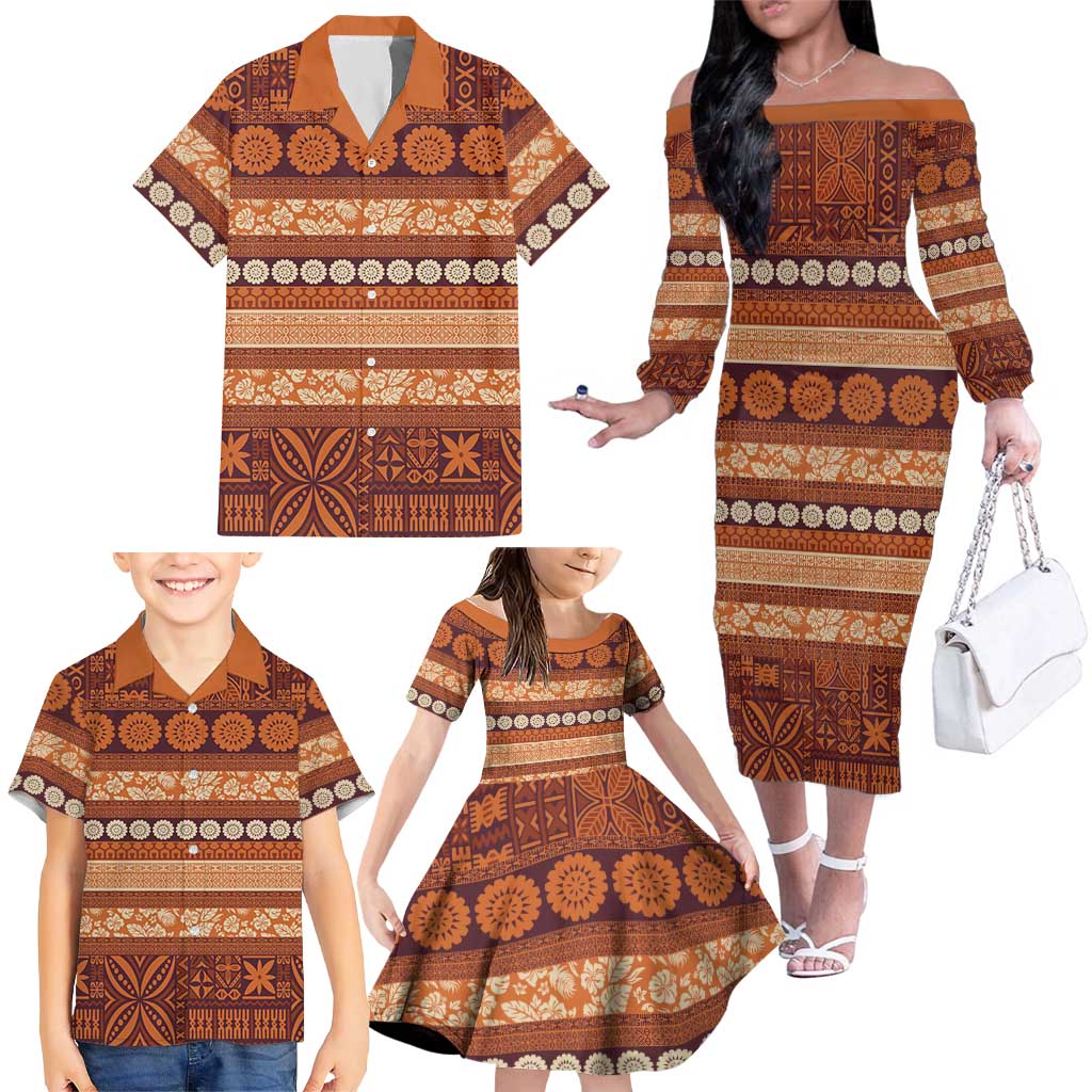 Fiji Marau na Kerisimasi Family Matching Off The Shoulder Long Sleeve Dress and Hawaiian Shirt Gold Tapa Masi Inspired Christmas LT9 - Polynesian Pride