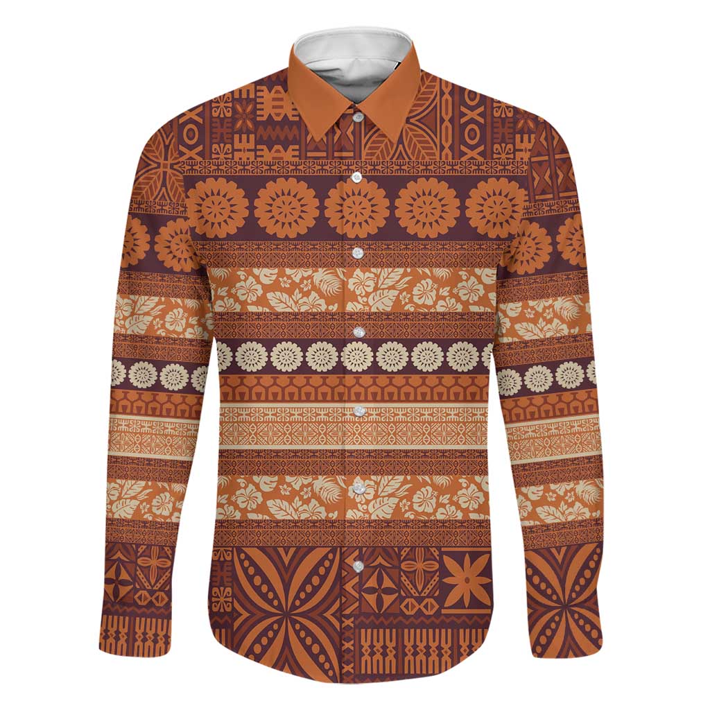 Fiji Marau na Kerisimasi Family Matching Puletasi and Hawaiian Shirt Gold Tapa Masi Inspired Christmas LT9 Dad's Shirt - Long Sleeve Gold - Polynesian Pride