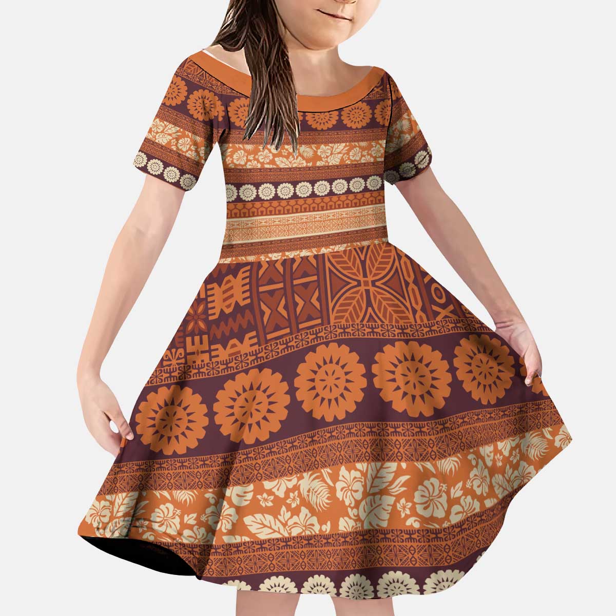 Fiji Marau na Kerisimasi Kid Short Sleeve Dress Gold Tapa Masi Inspired Christmas - Polynesian Pride