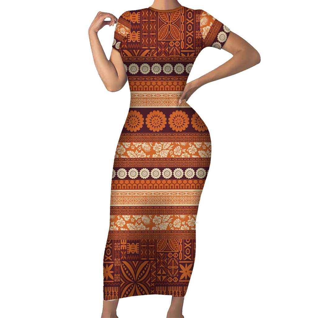 Fiji Marau na Kerisimasi Short Sleeve Bodycon Dress Gold Tapa Masi Inspired Christmas - Polynesian Pride