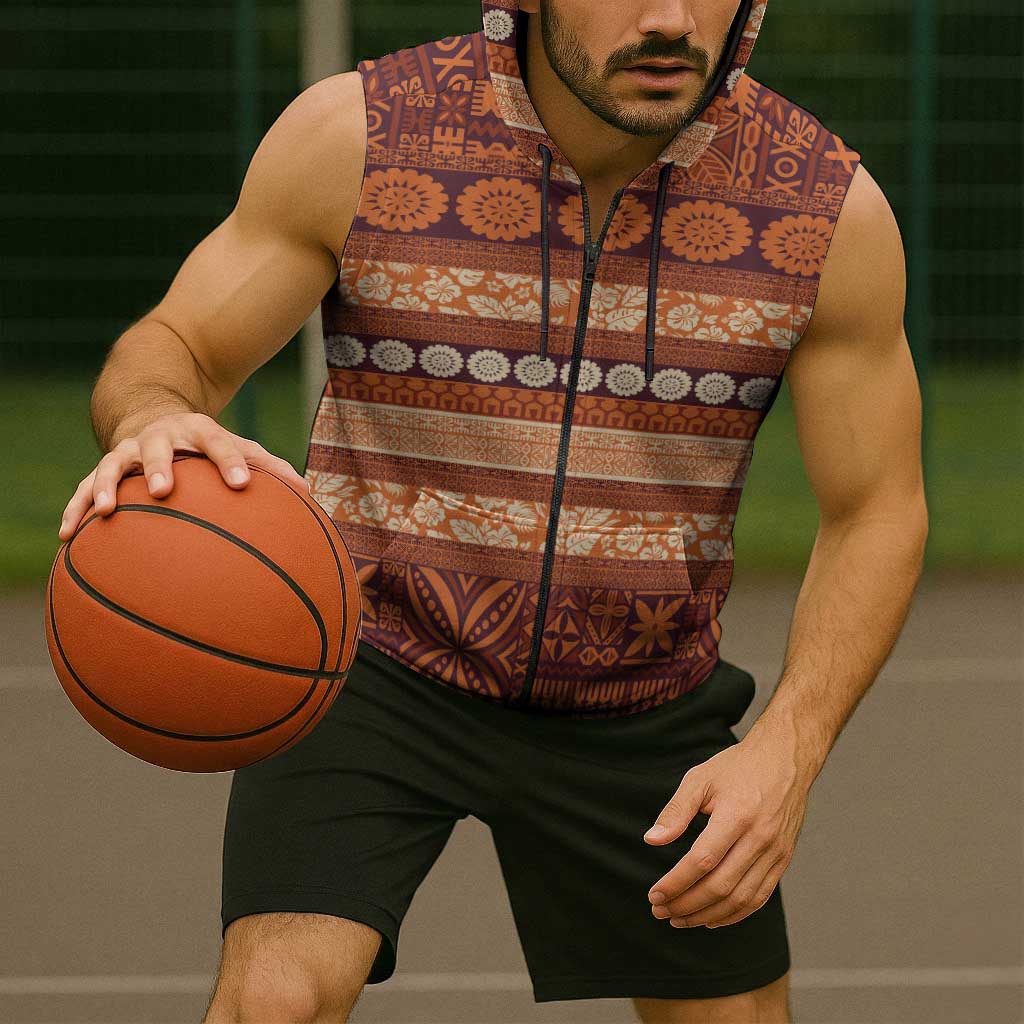 Fiji Marau na Kerisimasi Sleeveless Zip Hoodie Gold Tapa Masi Inspired Christmas - Polynesian Pride