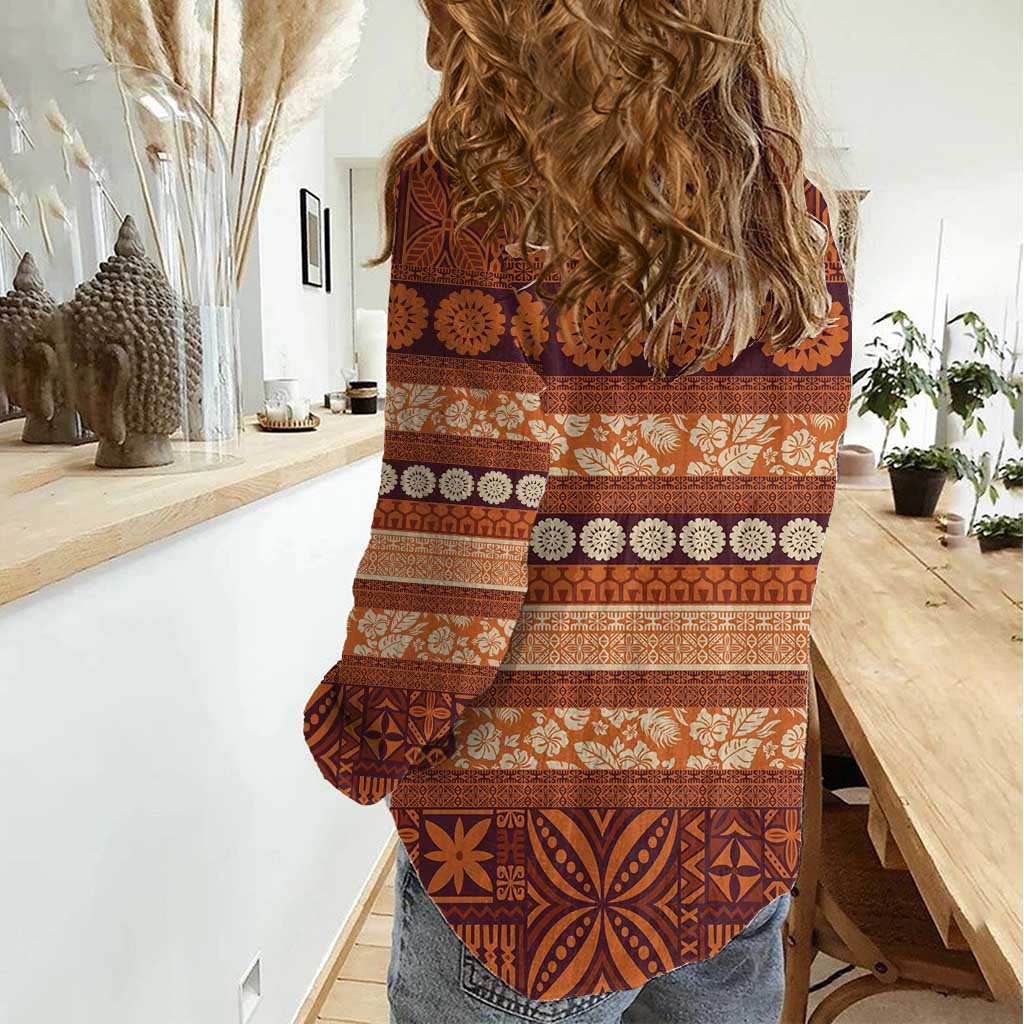 Fiji Marau na Kerisimasi Women Casual Shirt Gold Tapa Masi Inspired Christmas LT9 - Polynesian Pride