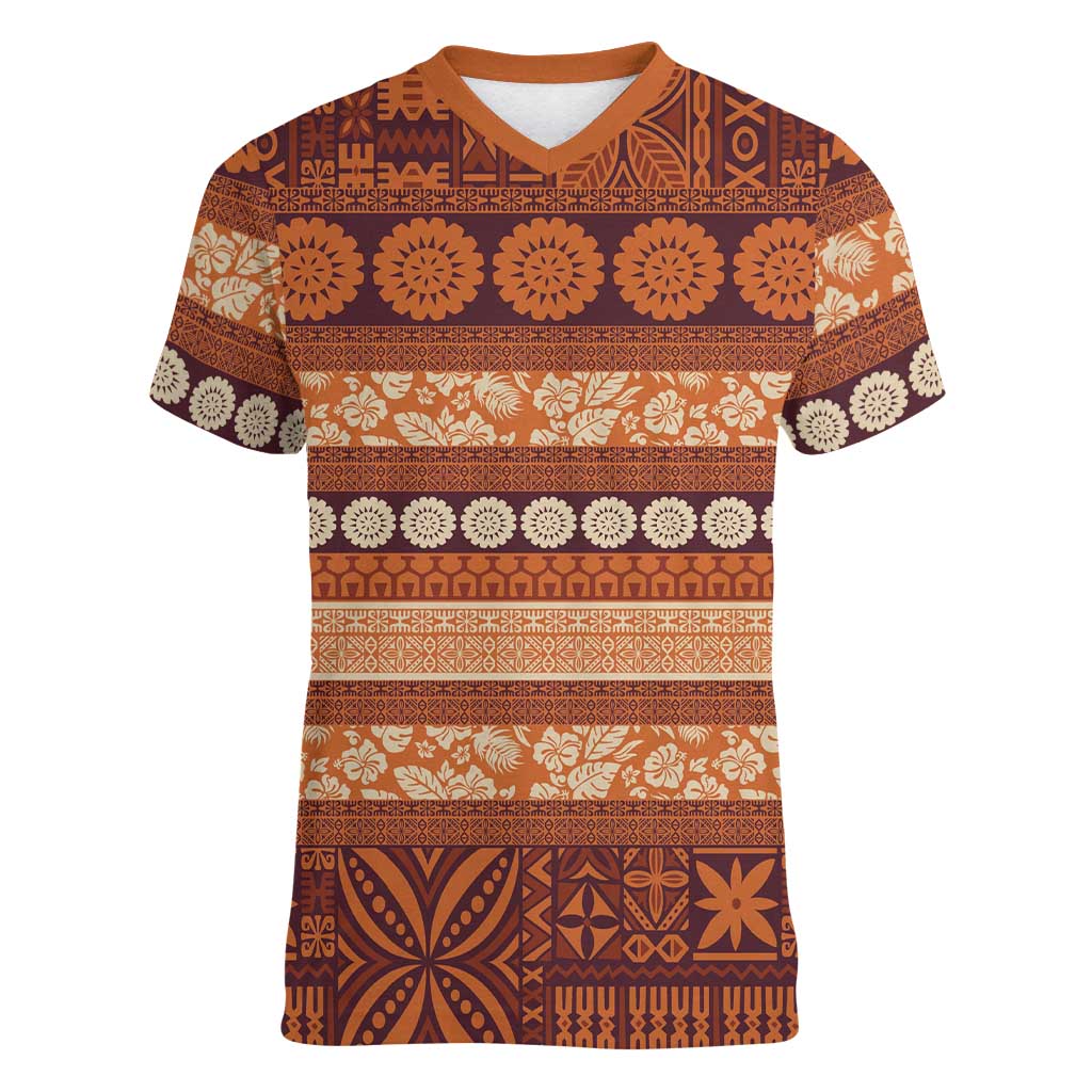 Fiji Marau na Kerisimasi Women V-Neck T-Shirt Gold Tapa Masi Inspired Christmas - Polynesian Pride