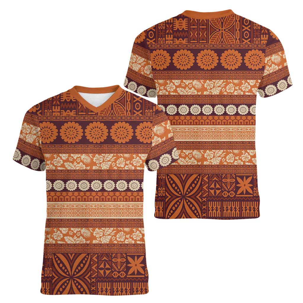 Fiji Marau na Kerisimasi Women V-Neck T-Shirt Gold Tapa Masi Inspired Christmas LT9 - Polynesian Pride