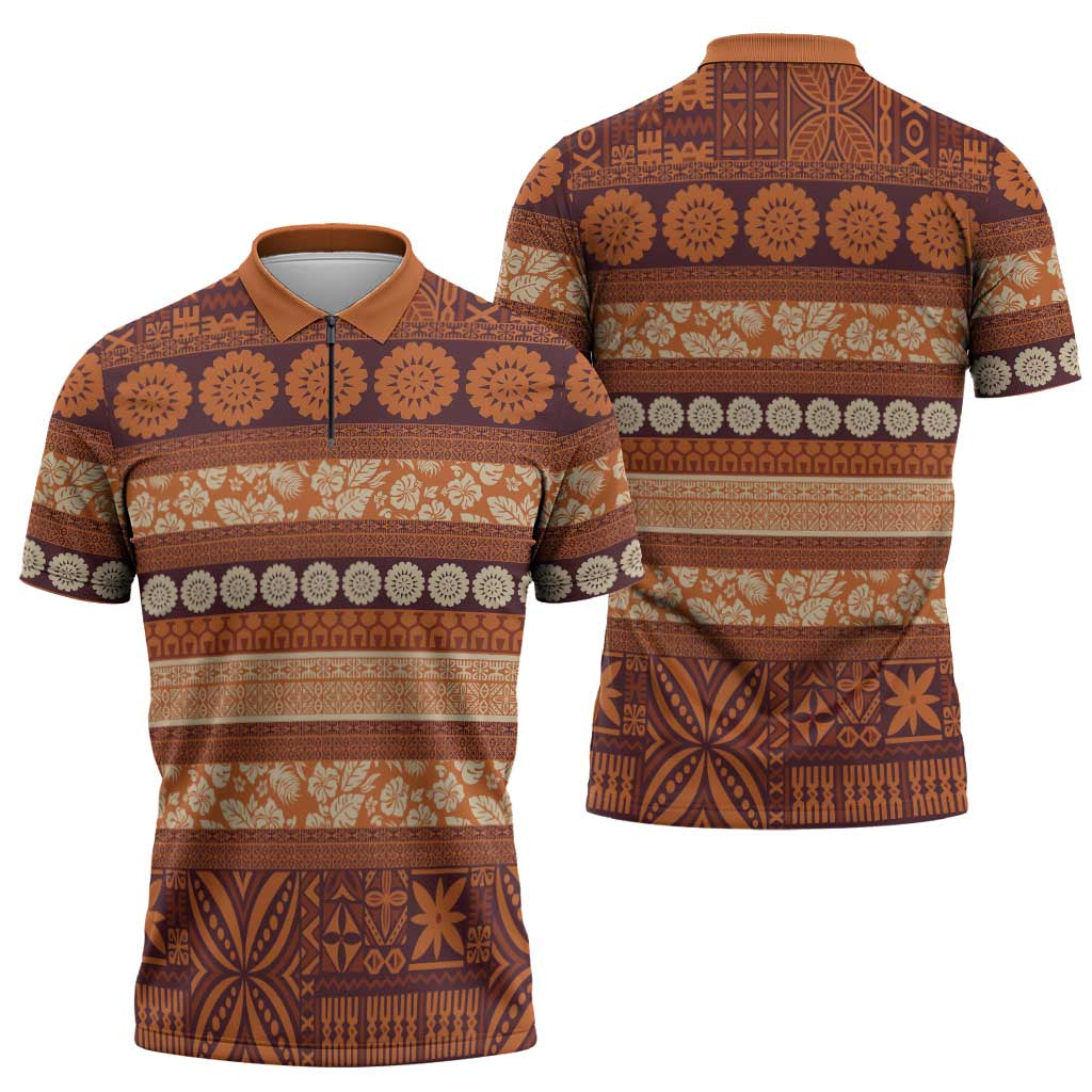 Fiji Marau na Kerisimasi Zipper Polo Shirt Gold Tapa Masi Inspired Christmas - Polynesian Pride