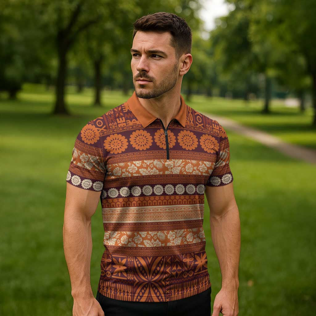 Fiji Marau na Kerisimasi Zipper Polo Shirt Gold Tapa Masi Inspired Christmas - Polynesian Pride