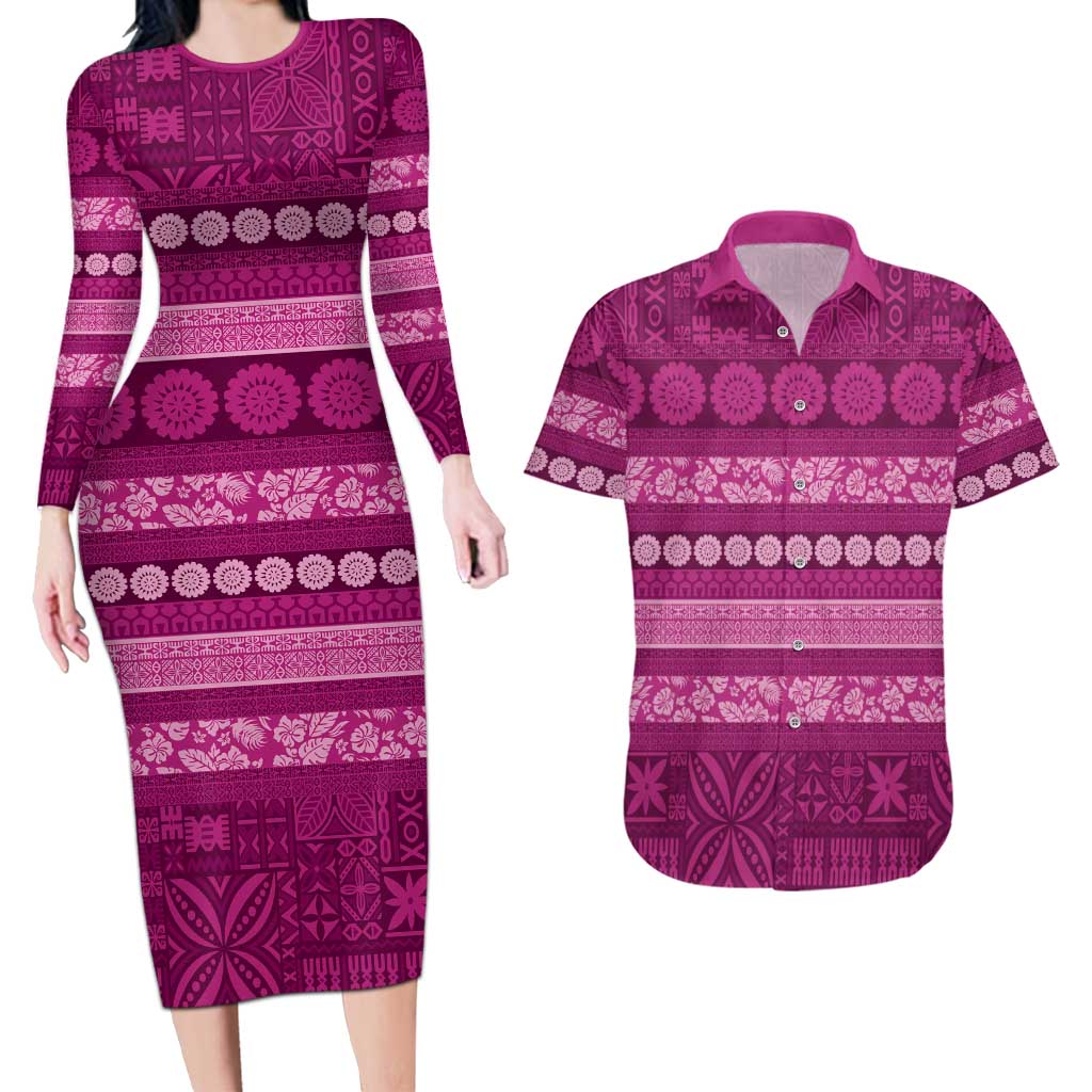 Fiji Marau na Kerisimasi Couples Matching Long Sleeve Bodycon Dress and Hawaiian Shirt Pink Tapa Masi Inspired Christmas LT9 Pink - Polynesian Pride