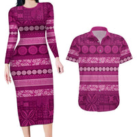 Fiji Marau na Kerisimasi Couples Matching Long Sleeve Bodycon Dress and Hawaiian Shirt Pink Tapa Masi Inspired Christmas LT9 Pink - Polynesian Pride