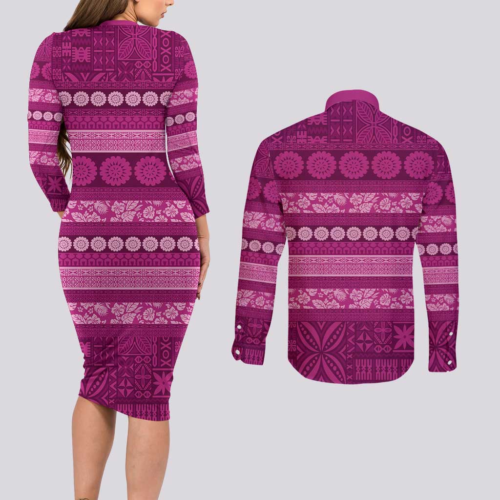 Fiji Marau na Kerisimasi Couples Matching Long Sleeve Bodycon Dress and Long Sleeve Button Shirt Pink Tapa Masi Inspired Christmas LT9 - Polynesian Pride