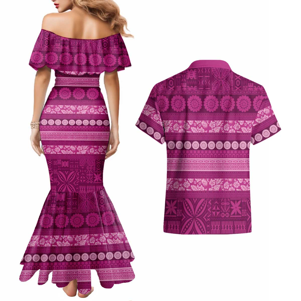 Fiji Marau na Kerisimasi Couples Matching Mermaid Dress and Hawaiian Shirt Pink Tapa Masi Inspired Christmas LT9 - Polynesian Pride