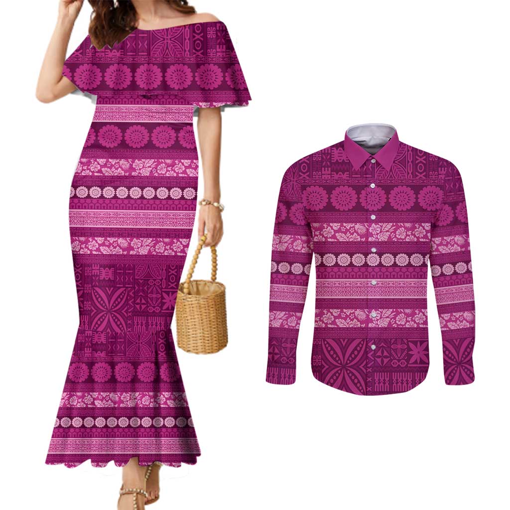 Fiji Marau na Kerisimasi Couples Matching Mermaid Dress and Long Sleeve Button Shirt Pink Tapa Masi Inspired Christmas - Polynesian Pride