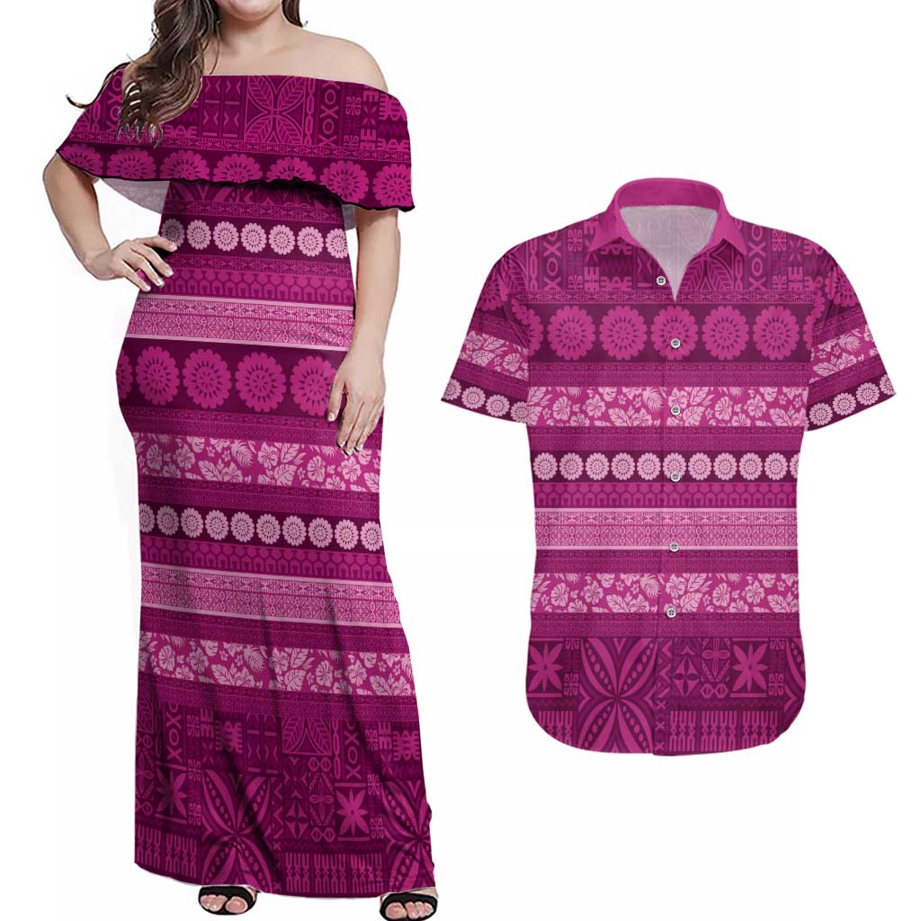 Fiji Marau na Kerisimasi Couples Matching Off Shoulder Maxi Dress and Hawaiian Shirt Pink Tapa Masi Inspired Christmas - Polynesian Pride