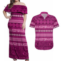 Fiji Marau na Kerisimasi Couples Matching Off Shoulder Maxi Dress and Hawaiian Shirt Pink Tapa Masi Inspired Christmas LT9 Pink - Polynesian Pride