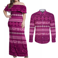 Fiji Marau na Kerisimasi Couples Matching Off Shoulder Maxi Dress and Long Sleeve Button Shirt Pink Tapa Masi Inspired Christmas LT9 Pink - Polynesian Pride