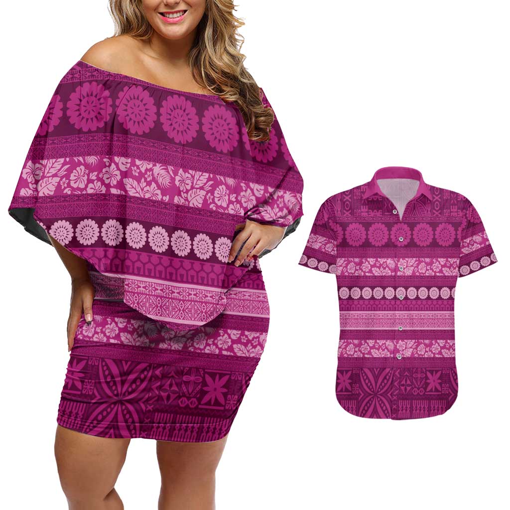 Fiji Marau na Kerisimasi Couples Matching Off Shoulder Short Dress and Hawaiian Shirt Pink Tapa Masi Inspired Christmas - Polynesian Pride