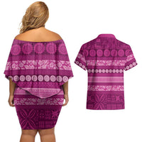 Fiji Marau na Kerisimasi Couples Matching Off Shoulder Short Dress and Hawaiian Shirt Pink Tapa Masi Inspired Christmas LT9 - Polynesian Pride