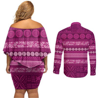 Fiji Marau na Kerisimasi Couples Matching Off Shoulder Short Dress and Long Sleeve Button Shirt Pink Tapa Masi Inspired Christmas LT9 - Polynesian Pride