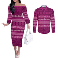 Fiji Marau na Kerisimasi Couples Matching Off The Shoulder Long Sleeve Dress and Long Sleeve Button Shirt Pink Tapa Masi Inspired Christmas LT9 Pink - Polynesian Pride
