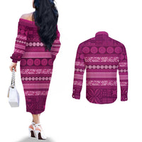 Fiji Marau na Kerisimasi Couples Matching Off The Shoulder Long Sleeve Dress and Long Sleeve Button Shirt Pink Tapa Masi Inspired Christmas LT9 - Polynesian Pride