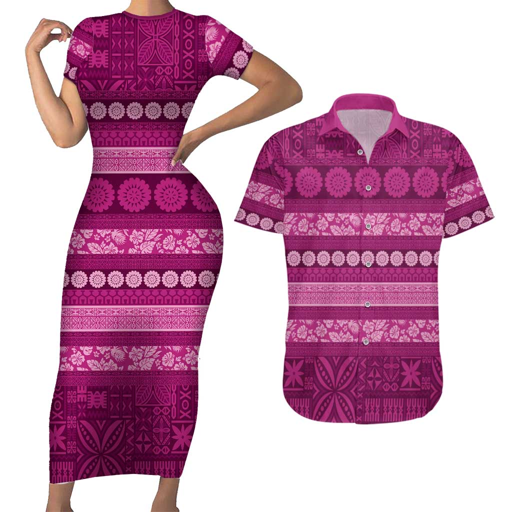 Fiji Marau na Kerisimasi Couples Matching Short Sleeve Bodycon Dress and Hawaiian Shirt Pink Tapa Masi Inspired Christmas - Polynesian Pride