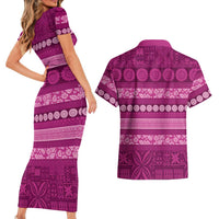 Fiji Marau na Kerisimasi Couples Matching Short Sleeve Bodycon Dress and Hawaiian Shirt Pink Tapa Masi Inspired Christmas LT9 - Polynesian Pride