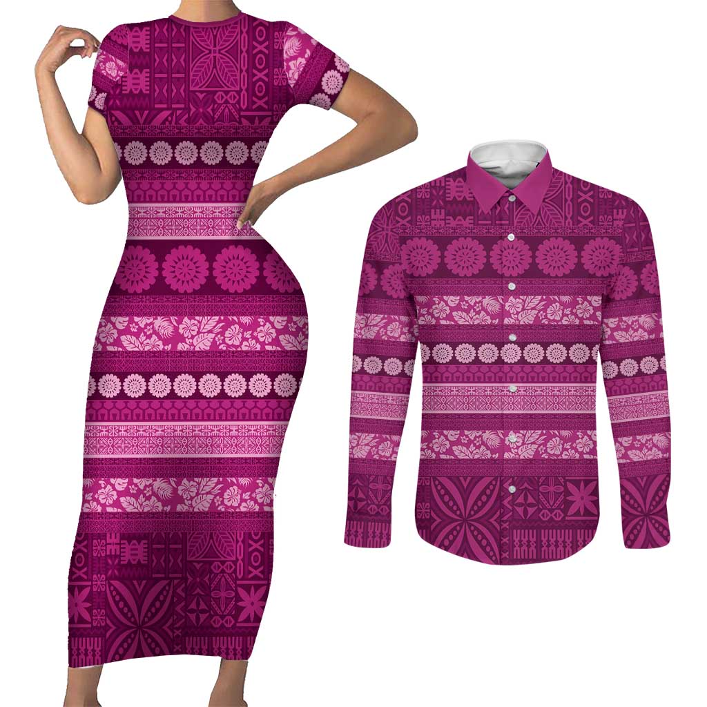 Fiji Marau na Kerisimasi Couples Matching Short Sleeve Bodycon Dress and Long Sleeve Button Shirt Pink Tapa Masi Inspired Christmas - Polynesian Pride