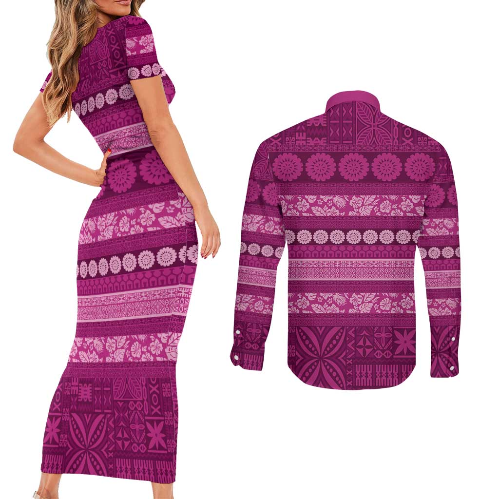 Fiji Marau na Kerisimasi Couples Matching Short Sleeve Bodycon Dress and Long Sleeve Button Shirt Pink Tapa Masi Inspired Christmas LT9 - Polynesian Pride