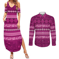 Fiji Marau na Kerisimasi Couples Matching Summer Maxi Dress and Long Sleeve Button Shirt Pink Tapa Masi Inspired Christmas - Polynesian Pride