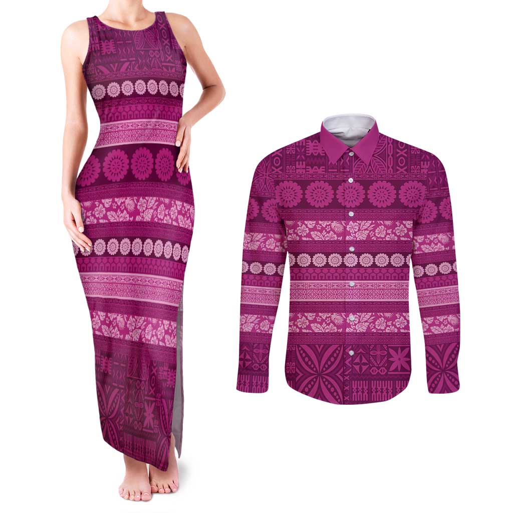 Fiji Marau na Kerisimasi Couples Matching Tank Maxi Dress and Long Sleeve Button Shirt Pink Tapa Masi Inspired Christmas LT9 Pink - Polynesian Pride
