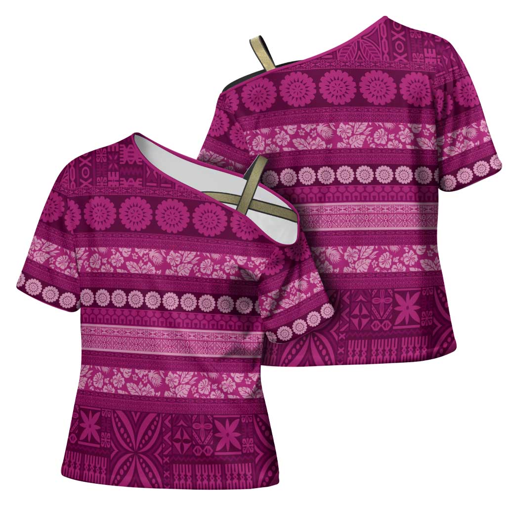 Fiji Marau na Kerisimasi Cross Shoulder Shirt Pink Tapa Masi Inspired Christmas - Polynesian Pride