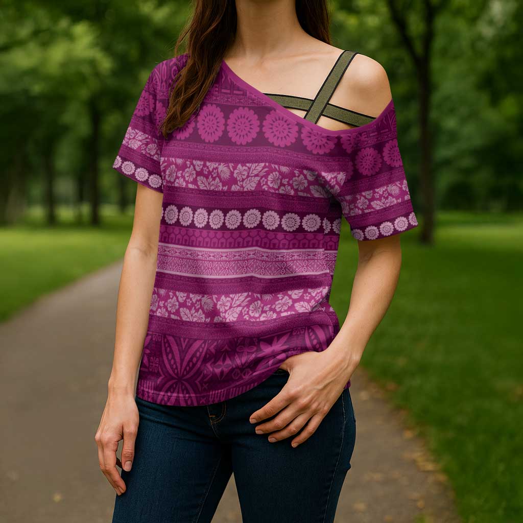 Fiji Marau na Kerisimasi Cross Shoulder Shirt Pink Tapa Masi Inspired Christmas - Polynesian Pride