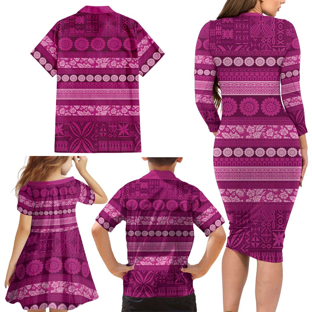 Fiji Marau na Kerisimasi Family Matching Long Sleeve Bodycon Dress and Hawaiian Shirt Pink Tapa Masi Inspired Christmas LT9 - Polynesian Pride