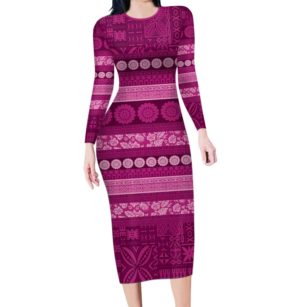 Fiji Marau na Kerisimasi Family Matching Long Sleeve Bodycon Dress and Hawaiian Shirt Pink Tapa Masi Inspired Christmas LT9 Mom's Dress Pink - Polynesian Pride