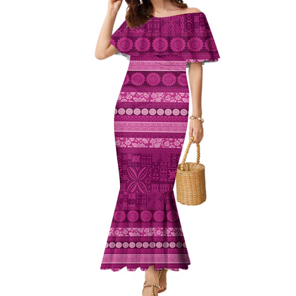 Fiji Marau na Kerisimasi Family Matching Mermaid Dress and Hawaiian Shirt Pink Tapa Masi Inspired Christmas LT9 Mom's Dress Pink - Polynesian Pride