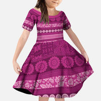 Fiji Marau na Kerisimasi Family Matching Off The Shoulder Long Sleeve Dress and Hawaiian Shirt Pink Tapa Masi Inspired Christmas LT9 Daughter's Dress Pink - Polynesian Pride